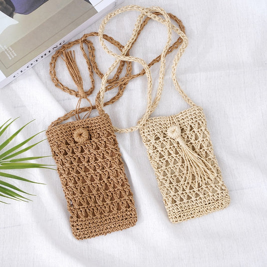 Vintage Handmade Straw Beach Phone Bag with Tassel