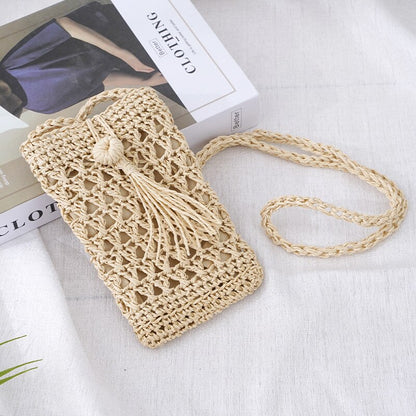 Vintage Handmade Straw Beach Phone Bag with Tassel