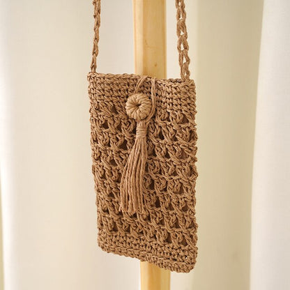 Vintage Handmade Straw Beach Phone Bag with Tassel